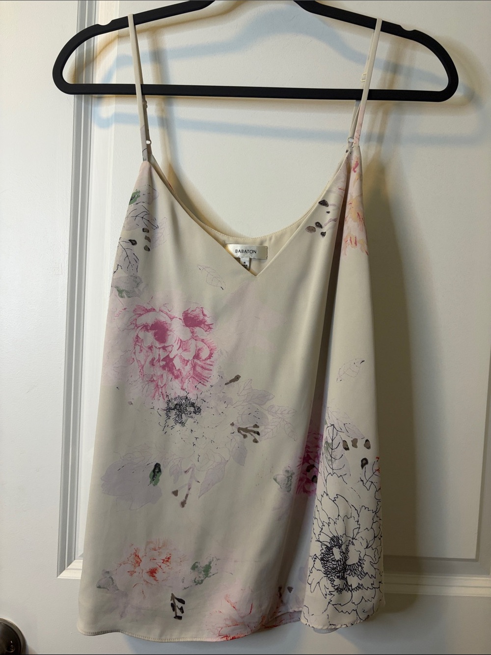 Babaton Floral Cream Silk Camisole with Pink & Green Accents